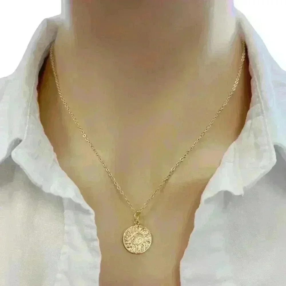 Aztec gold sun coin necklace gold plated 18K pendant 14K necklace chain dainty - Picture 2 of 10